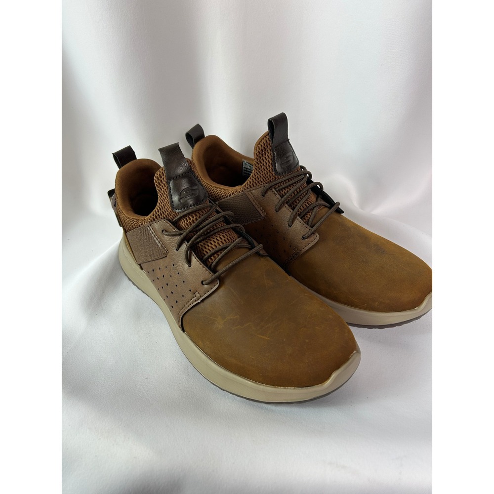 Skechers Delson-Axton Dark Brown Leather Slip-On Bungee Sneakers Casual Shoes